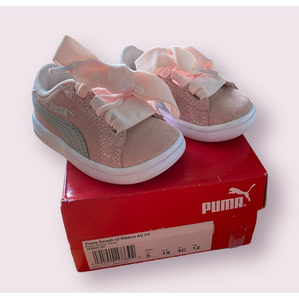 Puma Smash v2 Ribbon Infant Shoe Size 4C. Pink Suede